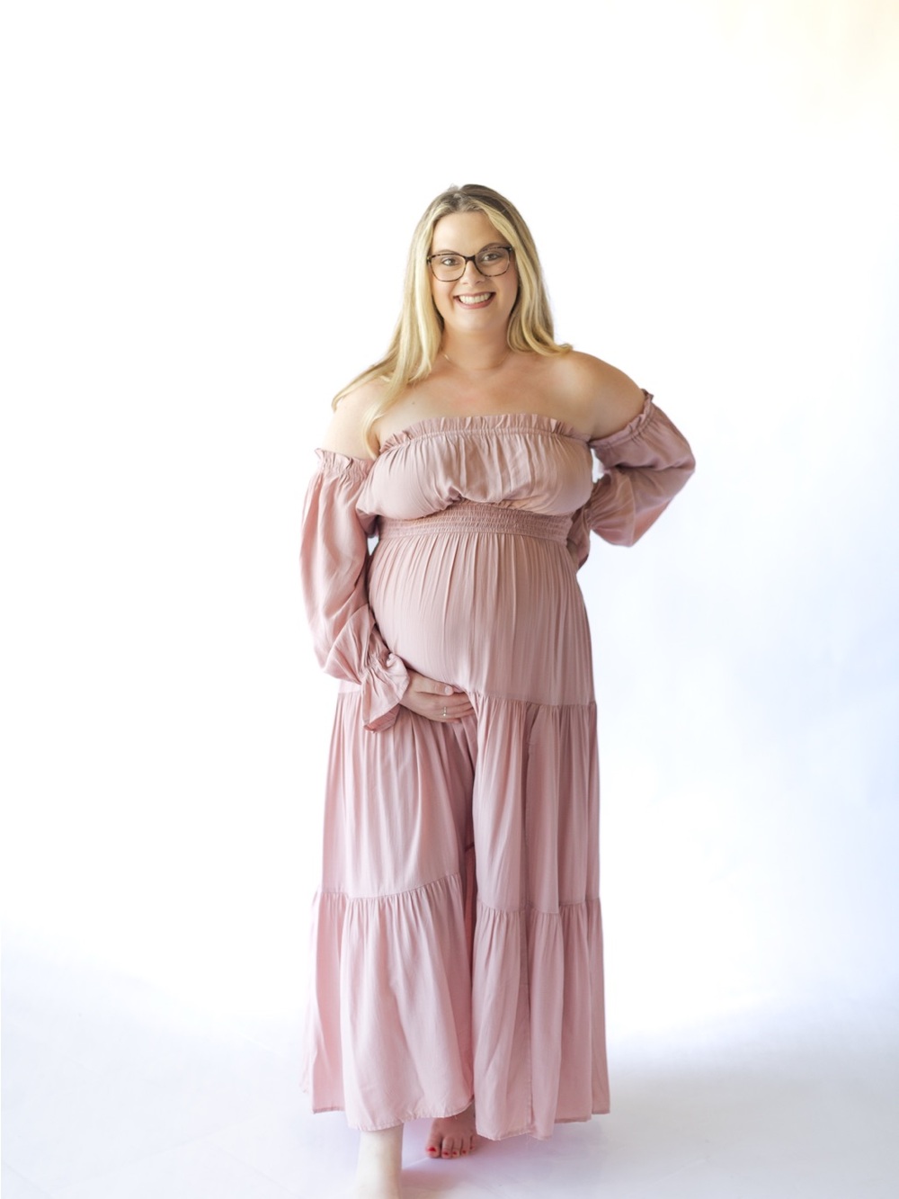 Off-Shoulder Maxi Maternity Dress in Dusty Rose